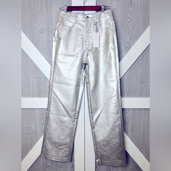 200. NWT WAYF Metallic Silver Faux Leather Pants Small - Picture 2 of 8